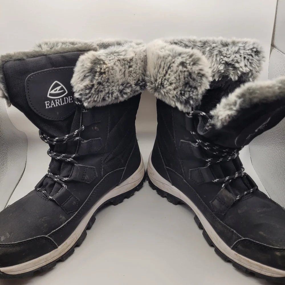 Earlde Mens Black Faux Fur Lined Winter Snow Boots Size 8 Lace Up Quilted Rugged